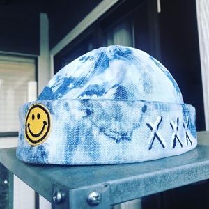 brimless denim hat hand-painted smiley face patch